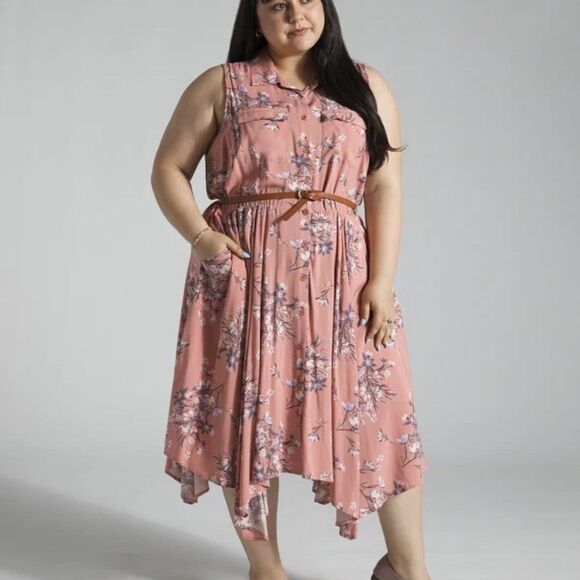 torrid Dresses & Skirts - Torrid Pink Floral Print Asymmetrical Hem Belted Button Down Dress Sz 00